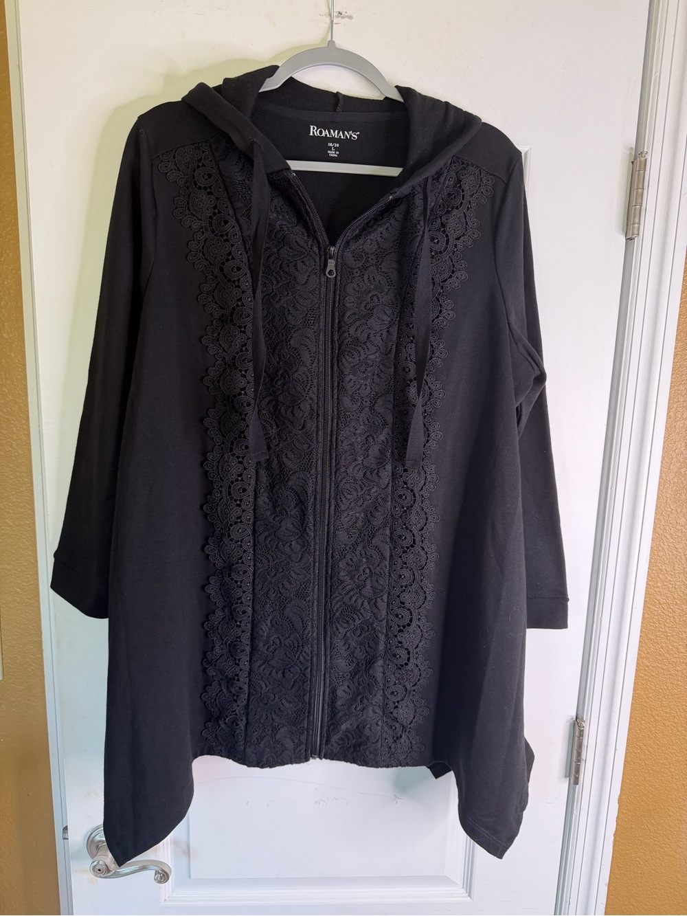 Roaman's Black Hooded Zip Cardigan with Lace Trim